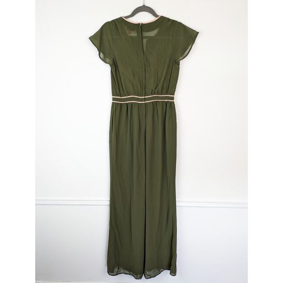 Modcloth Jumpsuit Intrigue Mastery Chiffon Wide Leg Olive Green Boho Size S - Picture 7 of 13